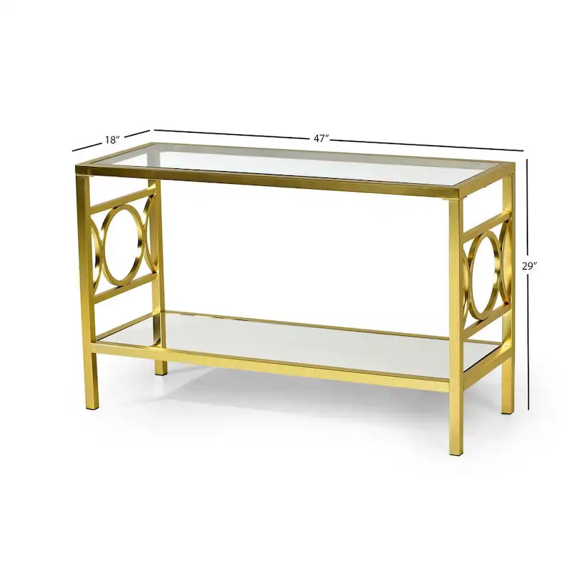 Gold Tempered Glass Sofa Table with Mirrored Shelf & Geometric Iron Base – Contemporary Style, Living Room Use