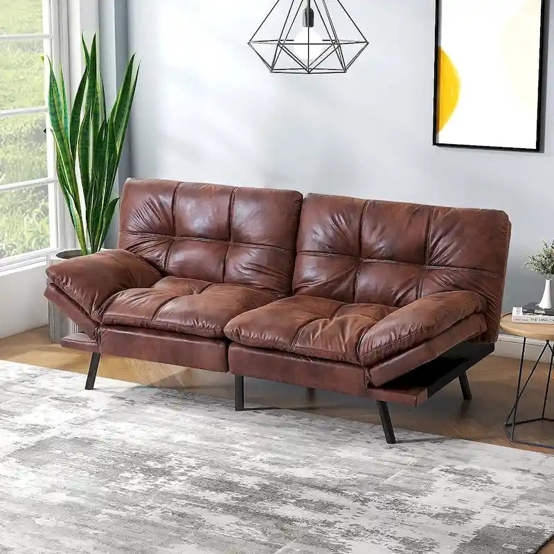 Dark Grey / Leather Brown / Leather Black Convertible Futon Sofa Bed with Adjustable Armrests – Modern Style, Seats 2