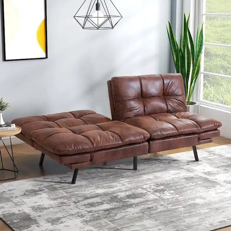 Dark Grey / Leather Brown / Leather Black Convertible Futon Sofa Bed with Adjustable Armrests – Modern Style, Seats 2