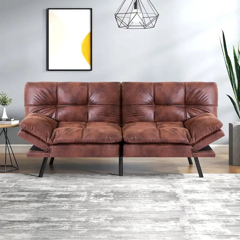 Dark Grey / Leather Brown / Leather Black Convertible Futon Sofa Bed with Adjustable Armrests – Modern Style, Seats 2