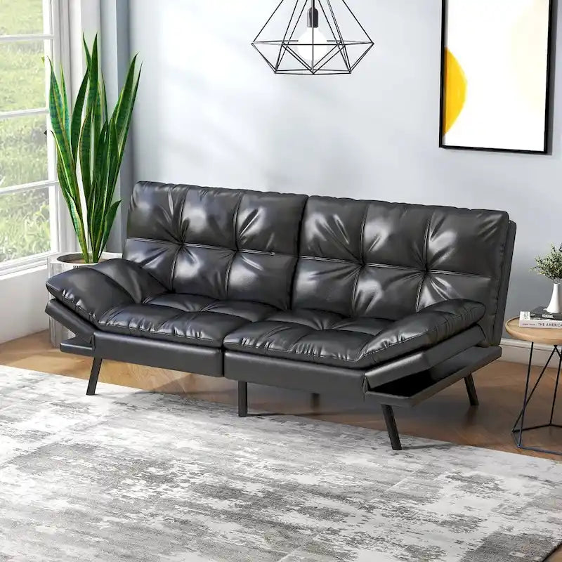 Dark Grey / Leather Brown / Leather Black Convertible Futon Sofa Bed with Adjustable Armrests – Modern Style, Seats 2