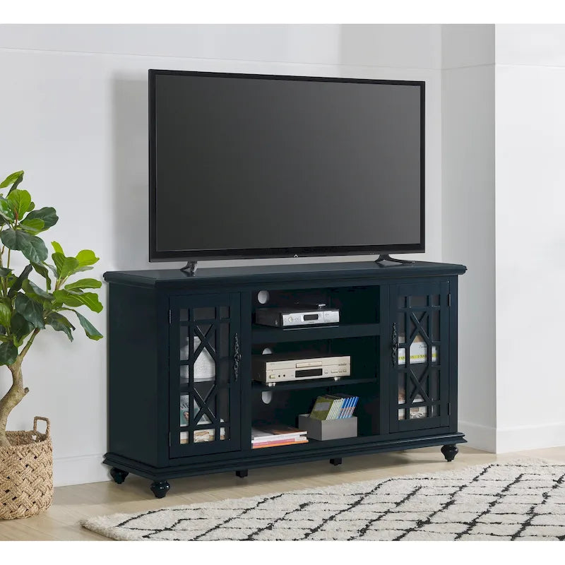 Catalina Blue / Antique White / Antique Teal 2-Door TV Stand with Trellis Glass Doors – French Country Style, Fits TVs up to 65"
