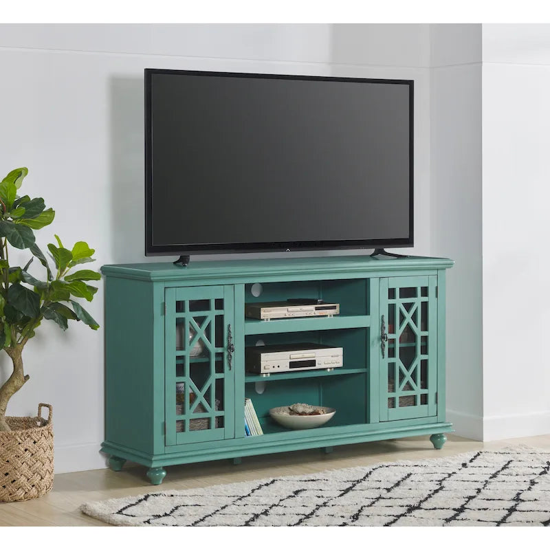 Catalina Blue / Antique White / Antique Teal 2-Door TV Stand with Trellis Glass Doors – French Country Style, Fits TVs up to 65"