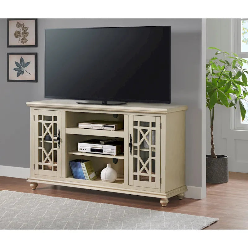Catalina Blue / Antique White / Antique Teal 2-Door TV Stand with Trellis Glass Doors – French Country Style, Fits TVs up to 65"