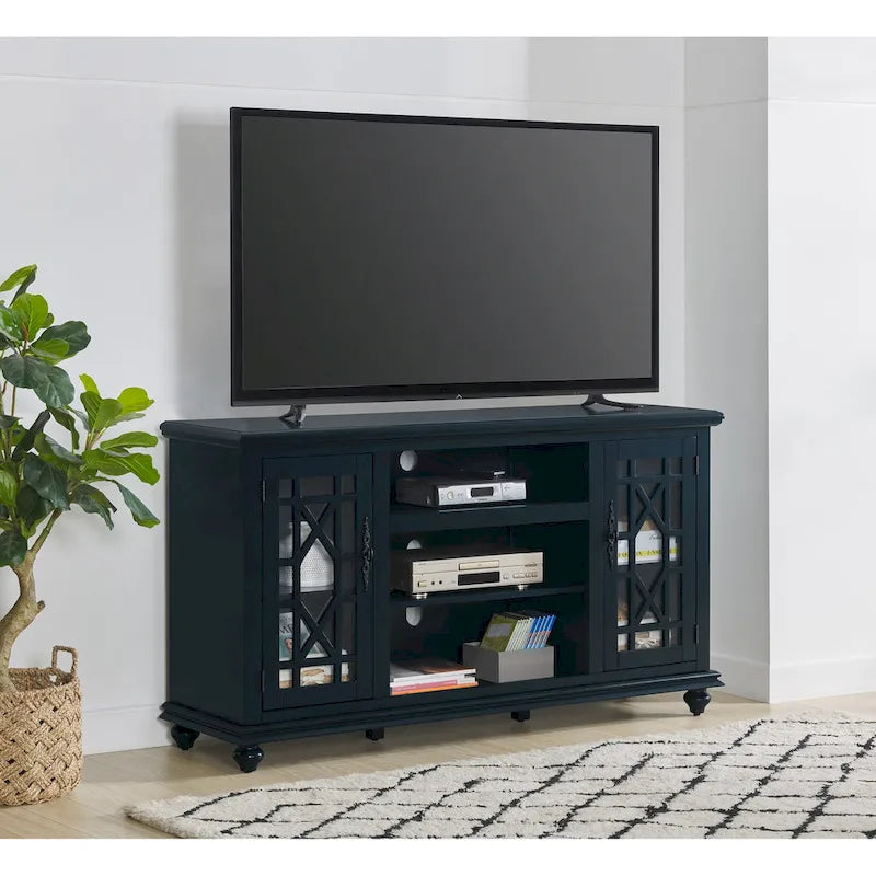 Catalina Blue / Antique White / Antique Teal 2-Door TV Stand with Trellis Glass Doors – French Country Style, Fits TVs up to 65"
