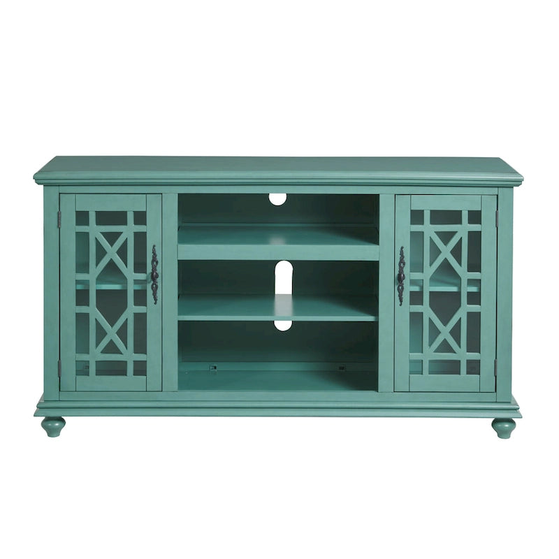 Catalina Blue / Antique White / Antique Teal 2-Door TV Stand with Trellis Glass Doors – French Country Style, Fits TVs up to 65"