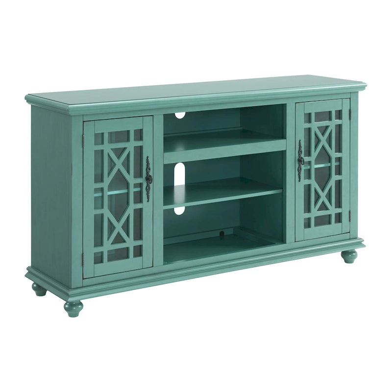 Catalina Blue / Antique White / Antique Teal 2-Door TV Stand with Trellis Glass Doors – French Country Style, Fits TVs up to 65"