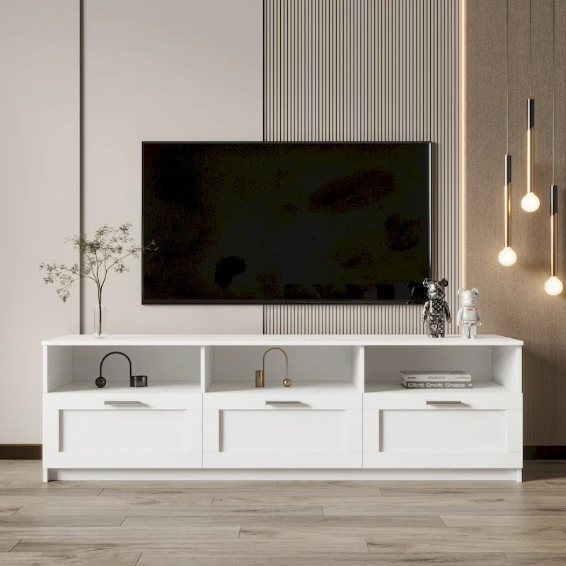 White / Black / Walnut 80-Inch TV Stand with 3 Drawers & Open Shelves – Modern Minimalist Style, Living Room Use