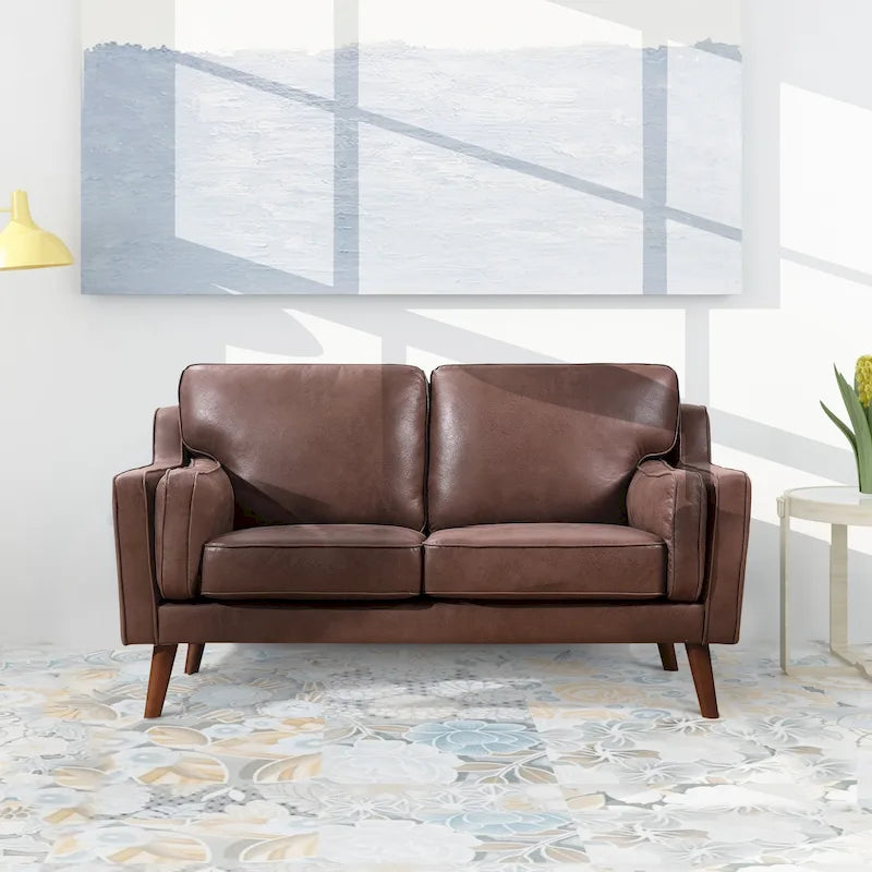 Brown Air Leather Mid-Century Sofa / Loveseat with Track Arms – Modern Style, Seats 2–3
