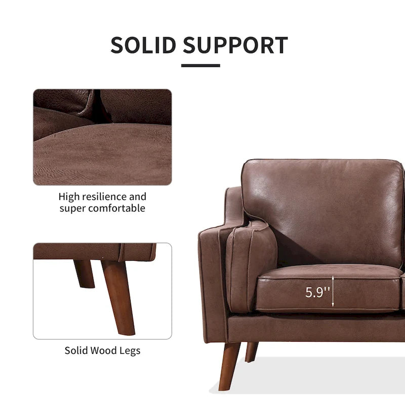 Brown Air Leather Mid-Century Sofa / Loveseat with Track Arms – Modern Style, Seats 2–3