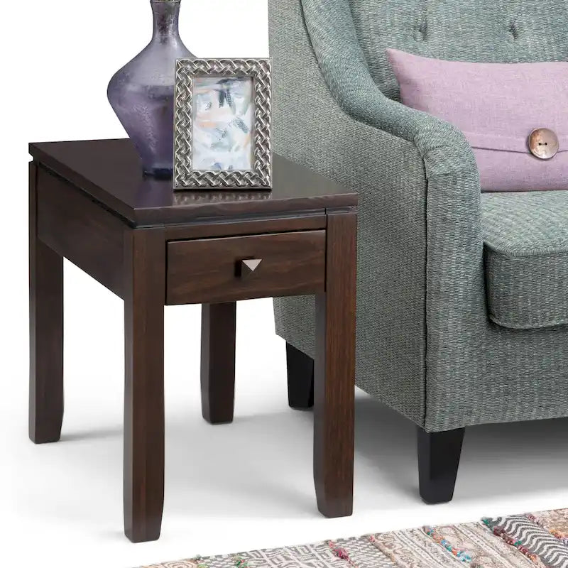 Coffee Brown / Mahogany Brown Solid Wood Narrow Side Table with Drawer – Contemporary Style, Living Room Use
