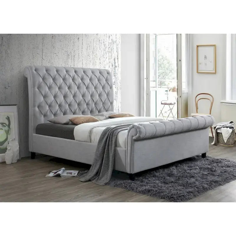 Gray Fabric Tufted Sleigh Platform Bed with Slatted Base – Classic Style, Queen / King, Sleeps 1–2
