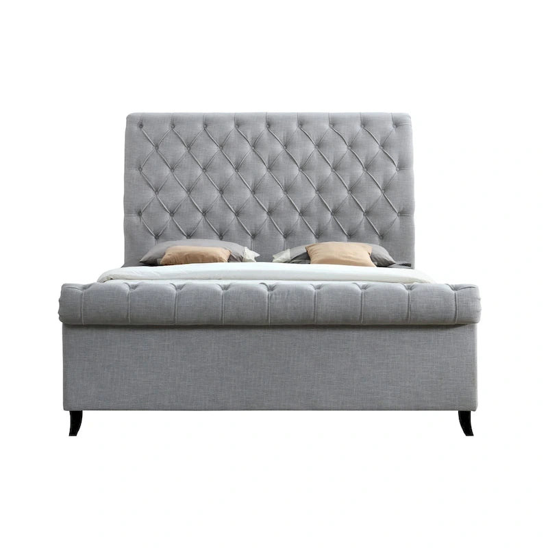 Gray Fabric Tufted Sleigh Platform Bed with Slatted Base – Classic Style, Queen / King, Sleeps 1–2