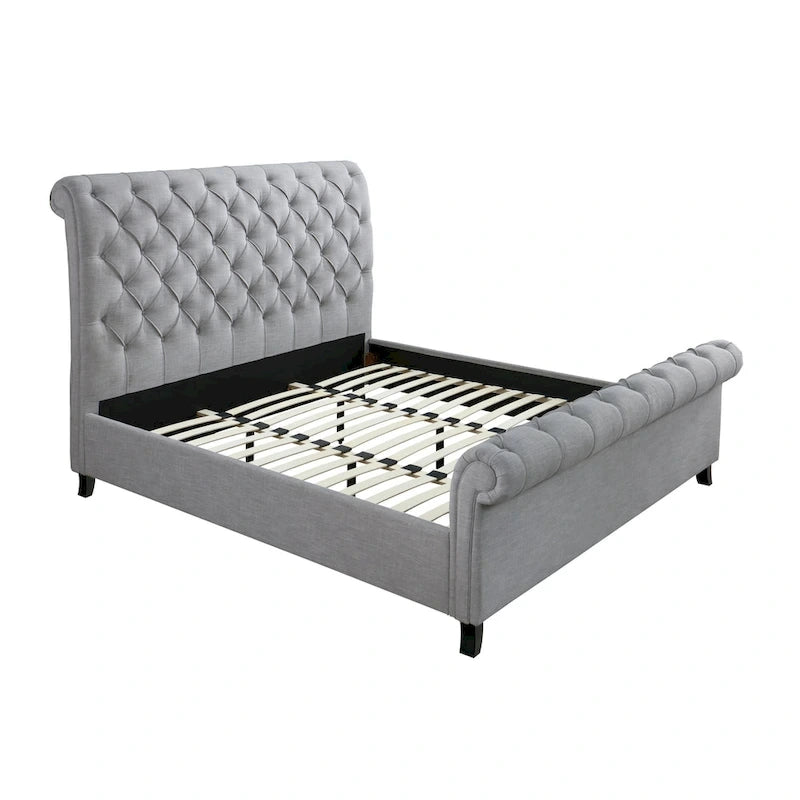 Gray Fabric Tufted Sleigh Platform Bed with Slatted Base – Classic Style, Queen / King, Sleeps 1–2