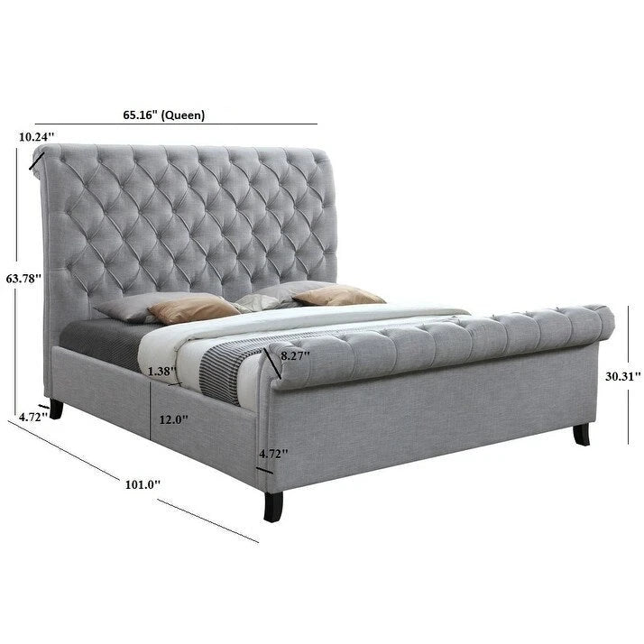 Gray Fabric Tufted Sleigh Platform Bed with Slatted Base – Classic Style, Queen / King, Sleeps 1–2