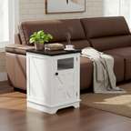 White / Black Rustic Wooden Nightstand with Barn Door, Charging Station & 3-Tier Storage – Farmhouse Style, Bedroom Use