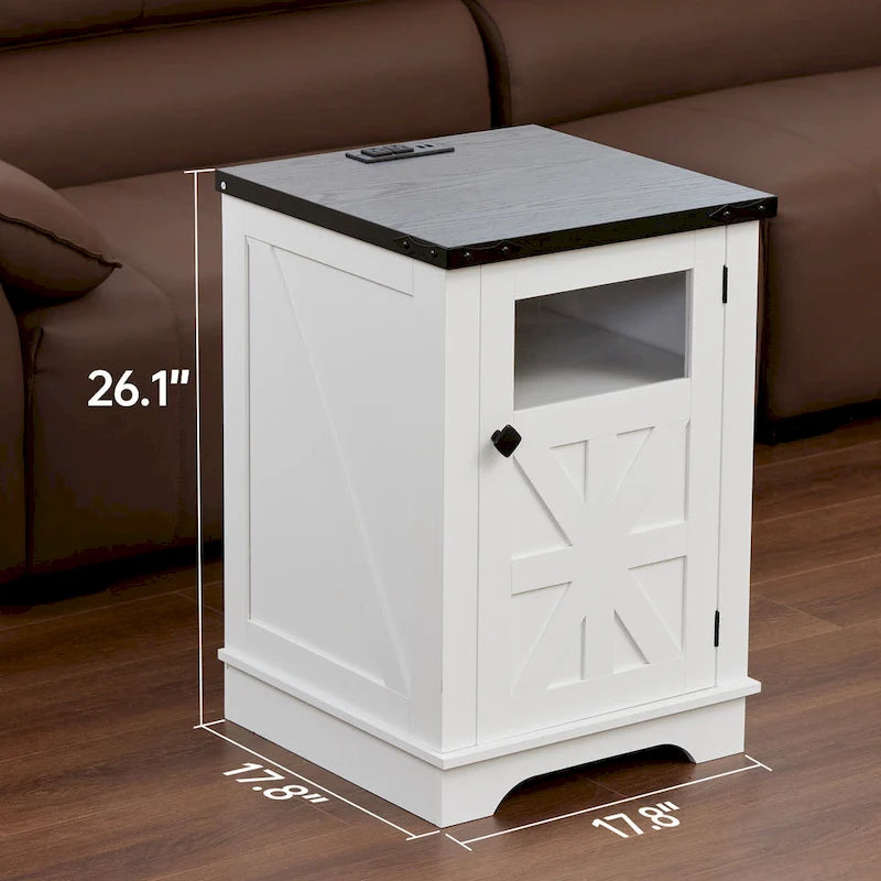 Farmhouse 18' Rustic Nightstand Wooden End Table with Charging, Barn Door, Adjustable Shelf and 3-Tier Storage