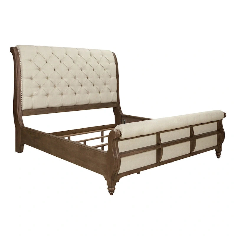 Dusty Taupe Upholstered King Sleigh Bed with Button-Tufted Headboard & Footboard – Farmhouse Style, Sleeps 1–2