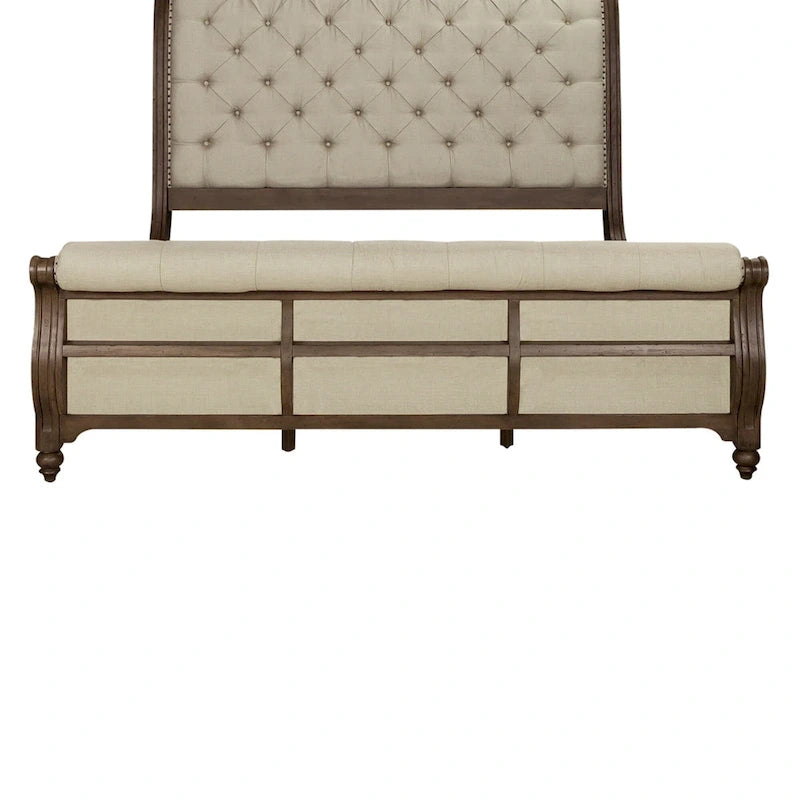 Dusty Taupe Upholstered King Sleigh Bed with Button-Tufted Headboard & Footboard – Farmhouse Style, Sleeps 1–2