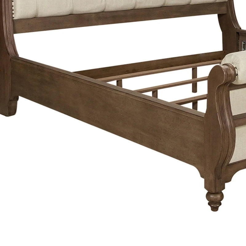 Dusty Taupe Upholstered King Sleigh Bed with Button-Tufted Headboard & Footboard – Farmhouse Style, Sleeps 1–2