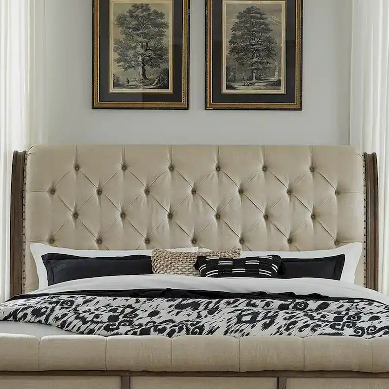 Dusty Taupe Upholstered King Sleigh Bed with Button-Tufted Headboard & Footboard – Farmhouse Style, Sleeps 1–2