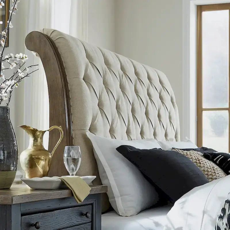 Dusty Taupe Upholstered King Sleigh Bed with Button-Tufted Headboard & Footboard – Farmhouse Style, Sleeps 1–2