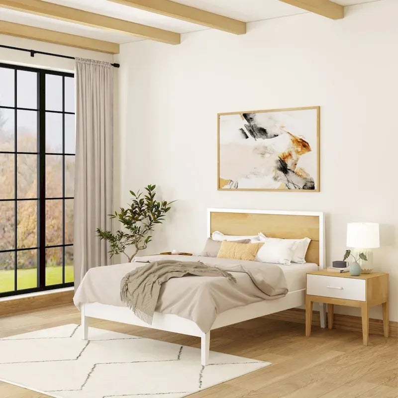 White / Natural Solid Pine & Birch Full Size Platform Bed with Low-Profile Headboard – Modern Style, Sleeps 1–2