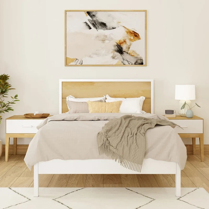 White / Natural Solid Pine & Birch Full Size Platform Bed with Low-Profile Headboard – Modern Style, Sleeps 1–2