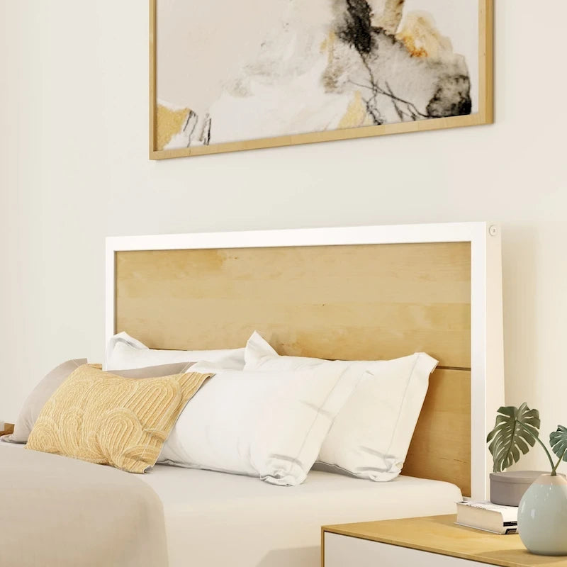 White / Natural Solid Pine & Birch Full Size Platform Bed with Low-Profile Headboard – Modern Style, Sleeps 1–2