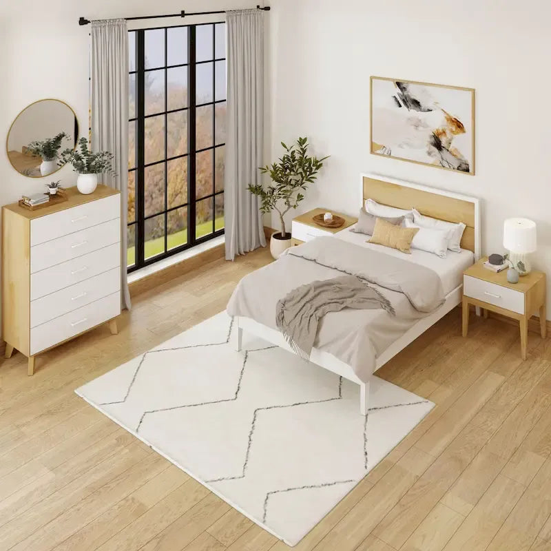 White / Natural Solid Pine & Birch Full Size Platform Bed with Low-Profile Headboard – Modern Style, Sleeps 1–2