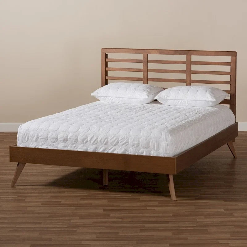 Walnut Rubberwood Mid-Century Modern Platform Bed – Full / Queen / King, Sleeps 1–2