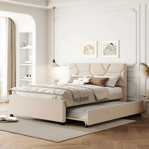 Full Size Upholstered Platform Bed with Brick Pattern Headboard and Twin Size Trundle, Linen Fabric, Beige