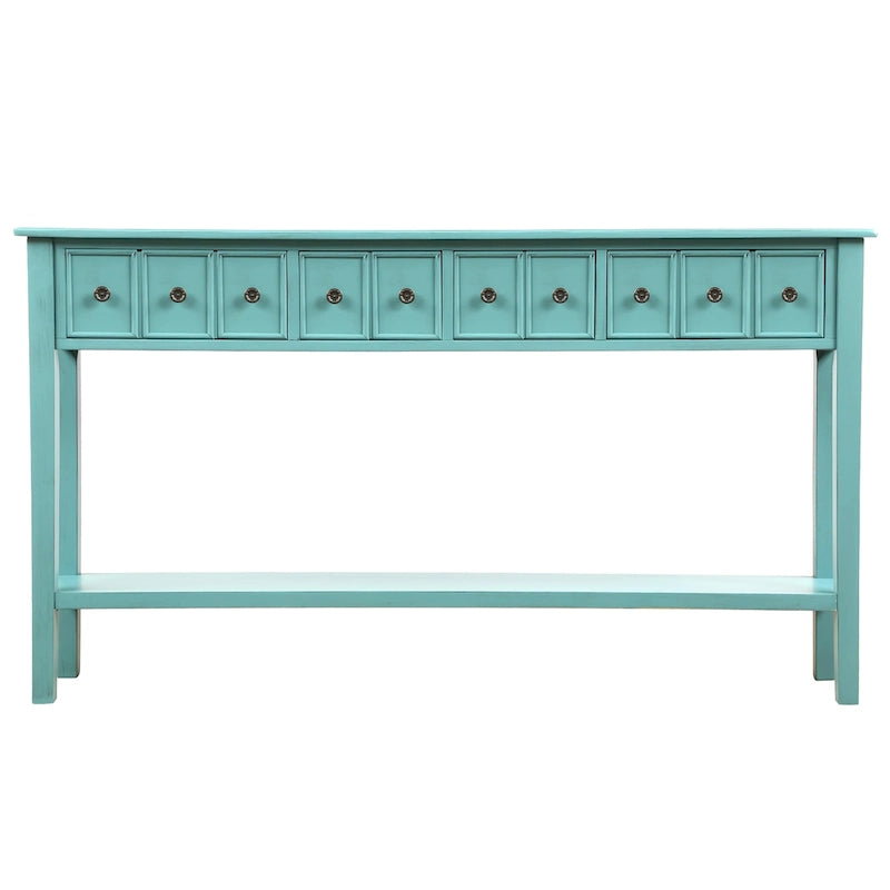 Blue / Brown / Navy Solid Wood Console Table with 4 Drawers & Lower Shelf – Rustic Style, Entryway Use