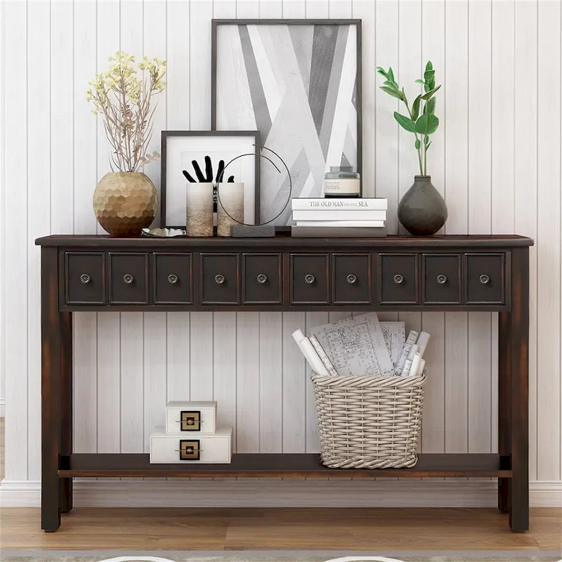 Blue / Brown / Navy Solid Wood Console Table with 4 Drawers & Lower Shelf – Rustic Style, Entryway Use