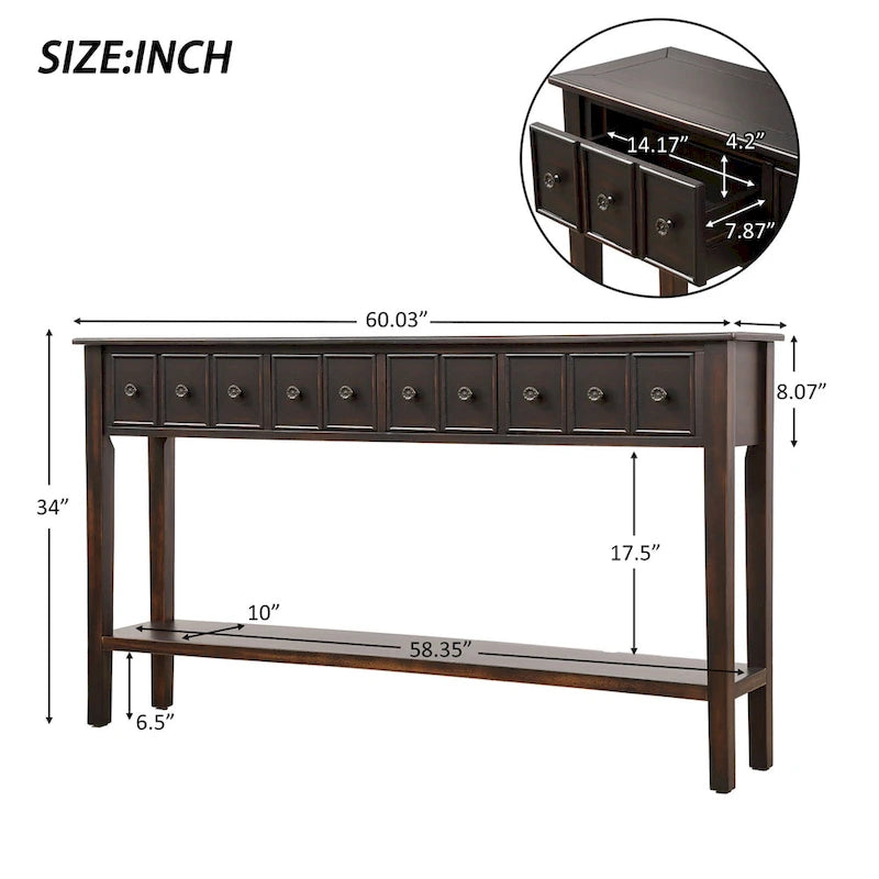 Blue / Brown / Navy Solid Wood Console Table with 4 Drawers & Lower Shelf – Rustic Style, Entryway Use