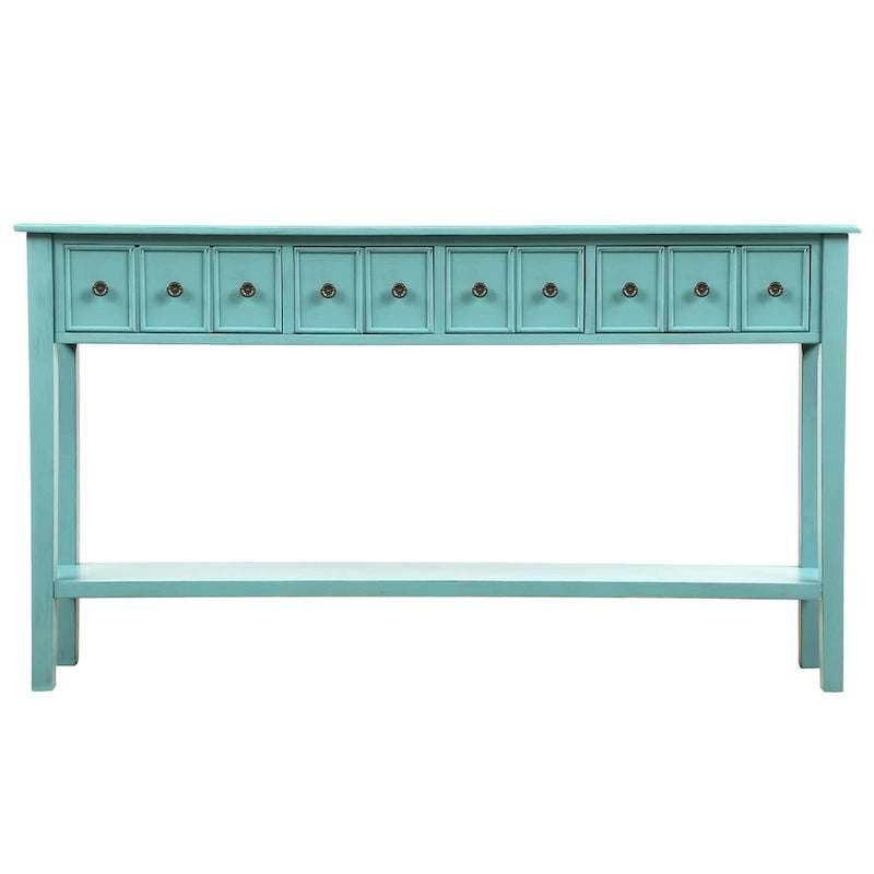 Blue / Brown / Navy Solid Wood Console Table with 4 Drawers & Lower Shelf – Rustic Style, Entryway Use