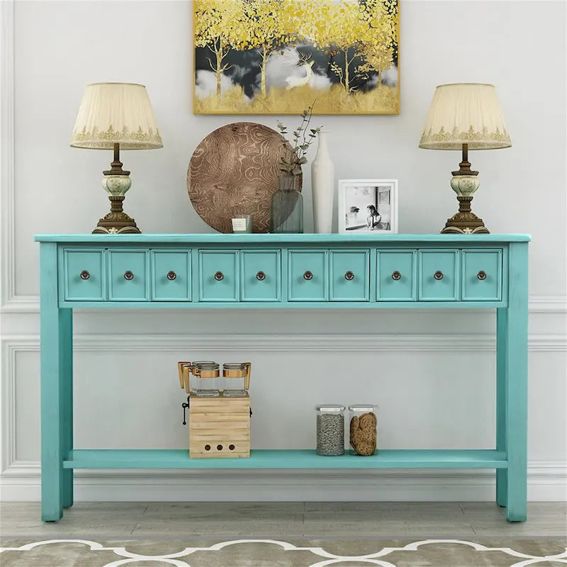 Blue / Brown / Navy Solid Wood Console Table with 4 Drawers & Lower Shelf – Rustic Style, Entryway Use