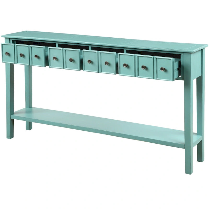 Blue / Brown / Navy Solid Wood Console Table with 4 Drawers & Lower Shelf – Rustic Style, Entryway Use
