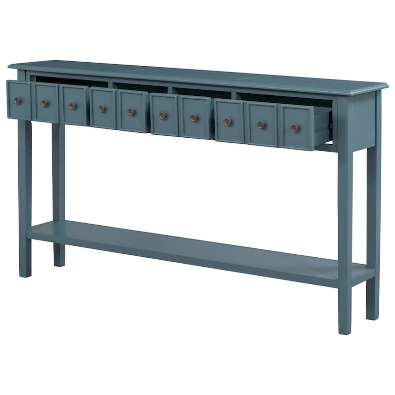 Blue / Brown / Navy Solid Wood Console Table with 4 Drawers & Lower Shelf – Rustic Style, Entryway Use