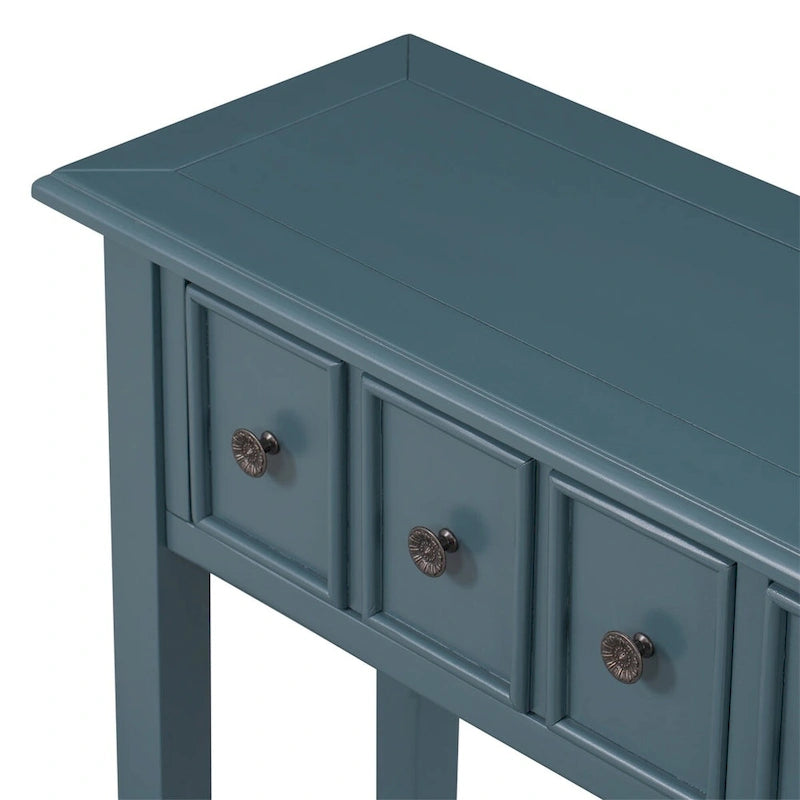 Blue / Brown / Navy Solid Wood Console Table with 4 Drawers & Lower Shelf – Rustic Style, Entryway Use