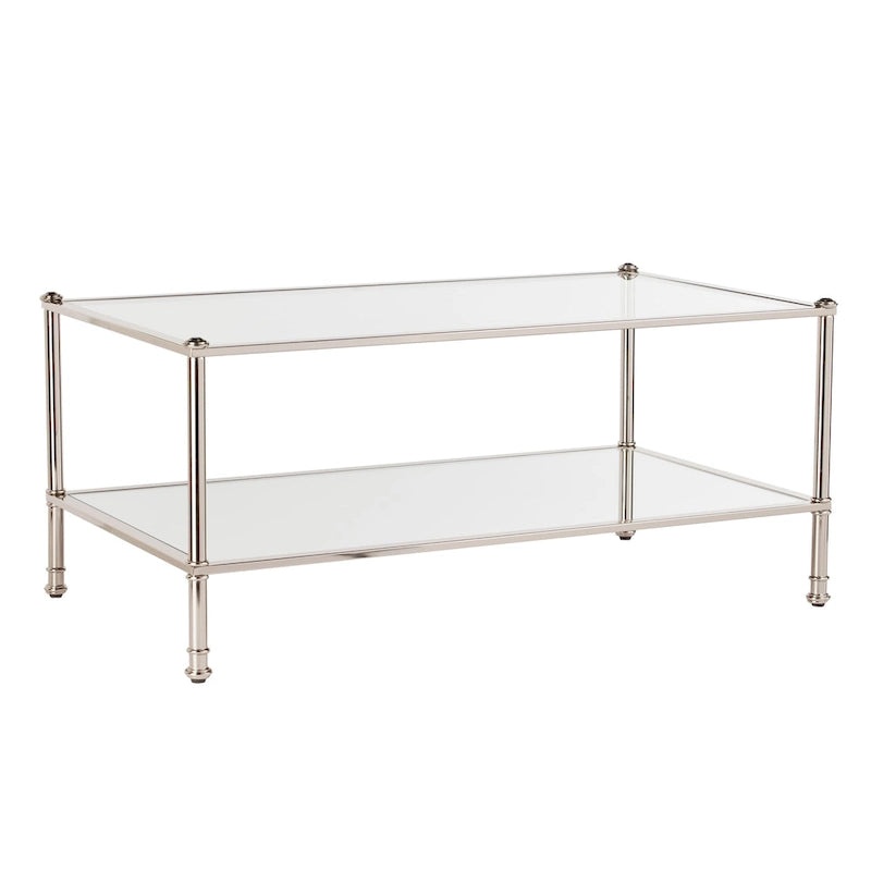 Silver Rectangle Coffee Table with Glass Top & Mirrored Shelf – Glam Style, Living Room Use