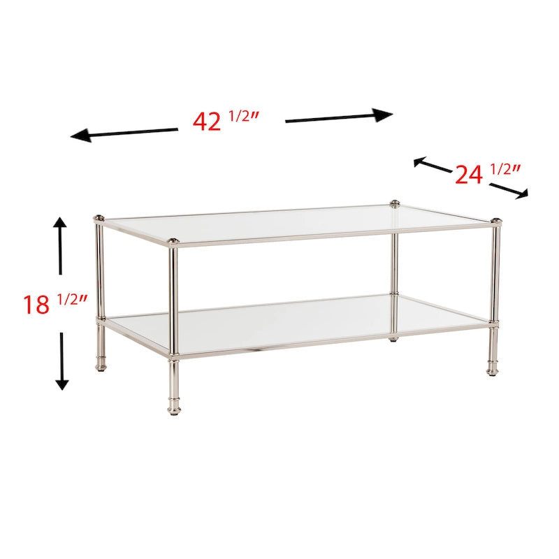 Silver Rectangle Coffee Table with Glass Top & Mirrored Shelf – Glam Style, Living Room Use