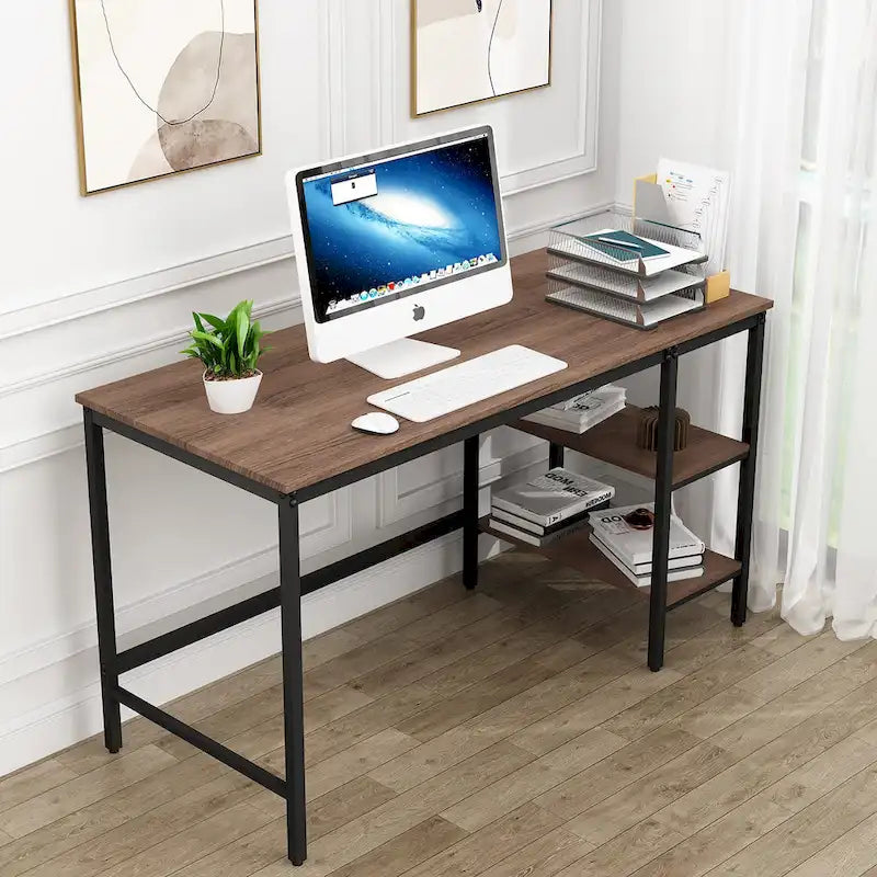 Brown & Black Industrial Computer Desk with 2-Tier Storage Shelves – Industrial Style, Home Office Use