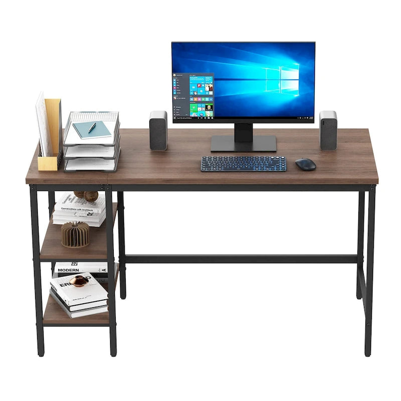 Brown & Black Industrial Computer Desk with 2-Tier Storage Shelves – Industrial Style, Home Office Use