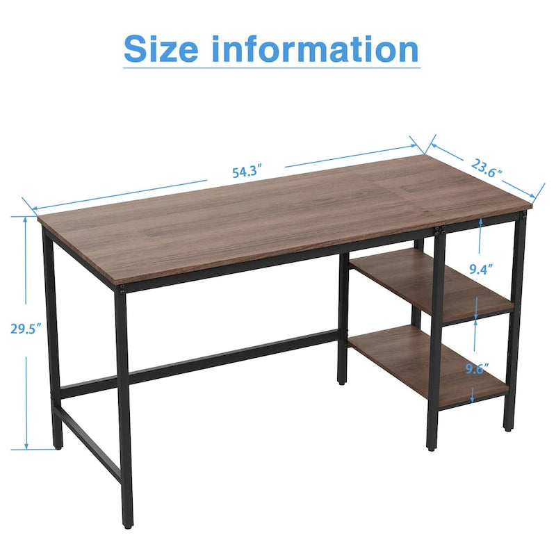 Brown & Black Industrial Computer Desk with 2-Tier Storage Shelves – Industrial Style, Home Office Use