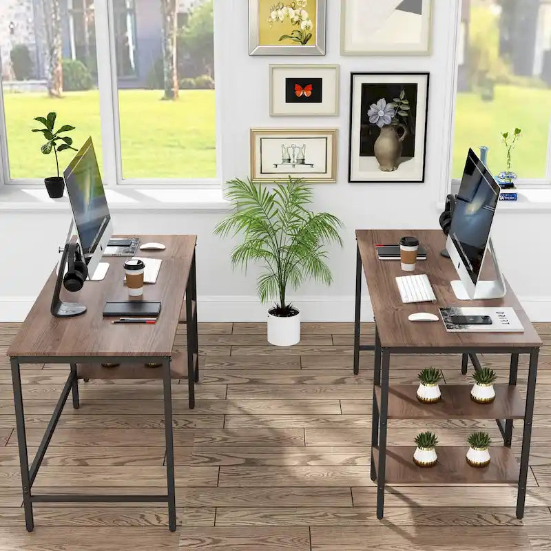 Brown & Black Industrial Computer Desk with 2-Tier Storage Shelves – Industrial Style, Home Office Use