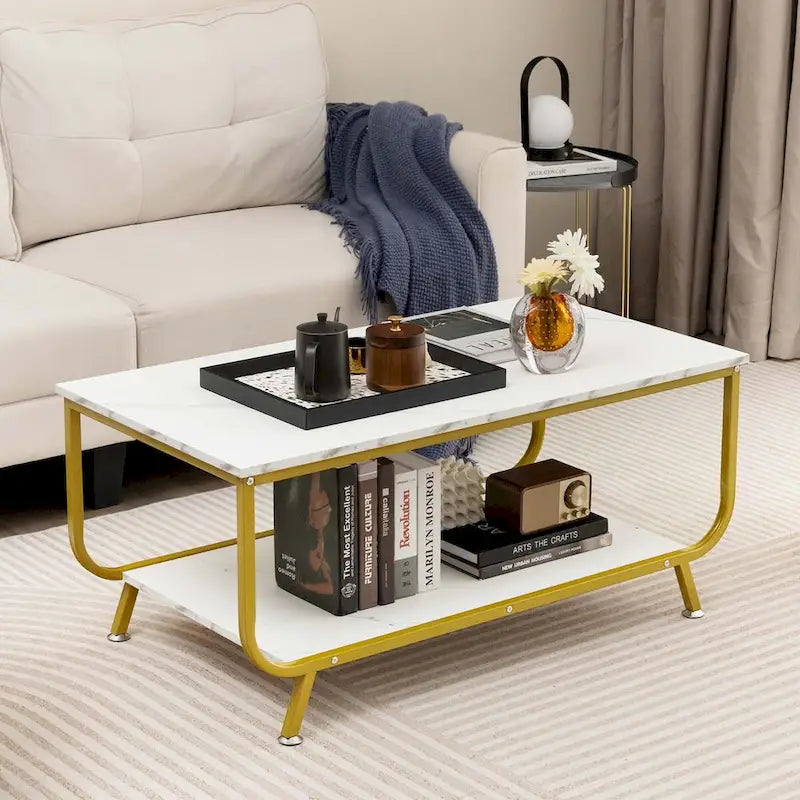 White 2-Tier Faux Marble Coffee Table with Steel Frame & Lower Shelf – Modern Style, Living Room Use