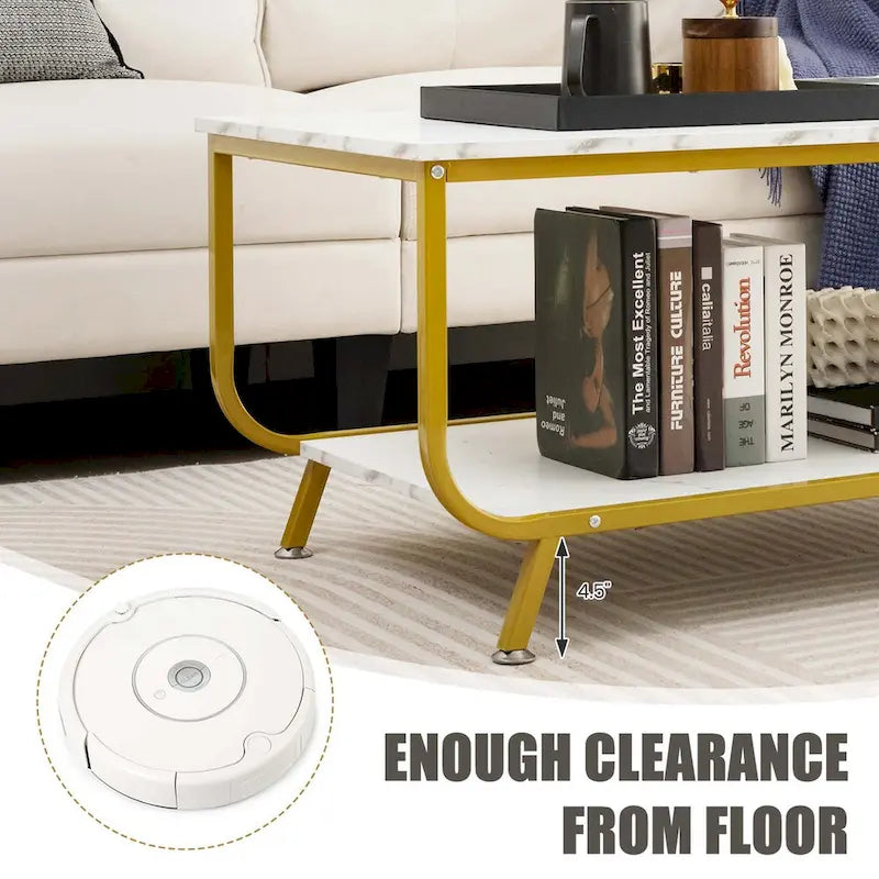 White 2-Tier Faux Marble Coffee Table with Steel Frame & Lower Shelf – Modern Style, Living Room Use