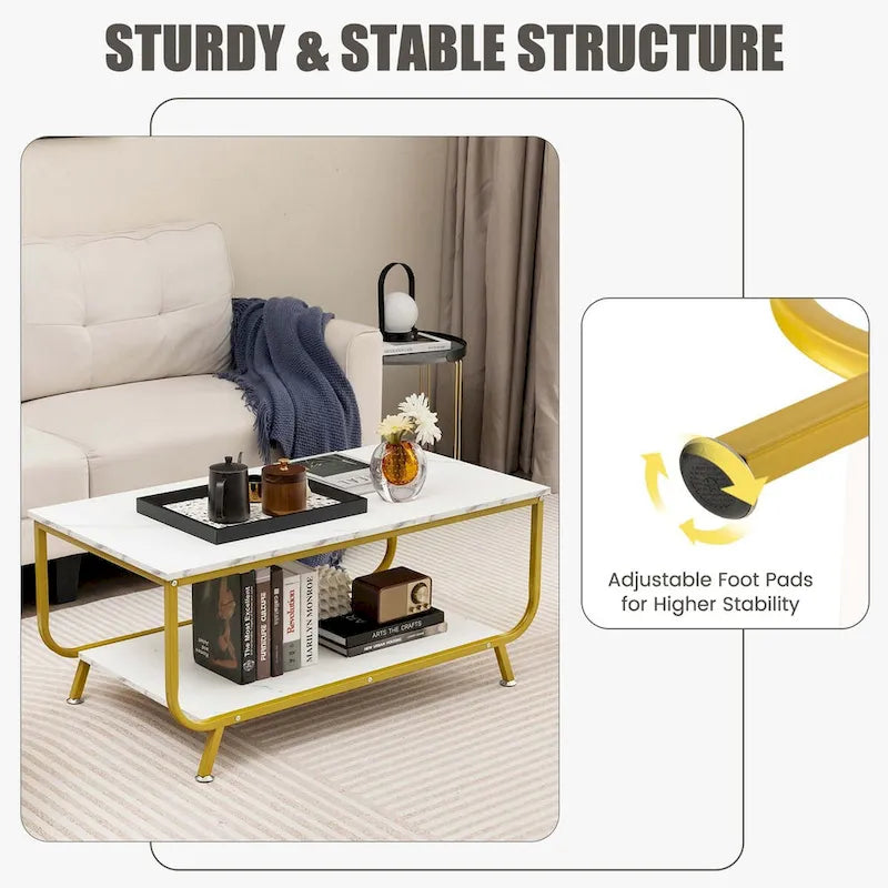 White 2-Tier Faux Marble Coffee Table with Steel Frame & Lower Shelf – Modern Style, Living Room Use