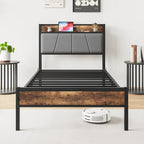 Black Twin Platform Bed Frame with Storage Headboard & Charging Station – Modern Style, Sleeps 1